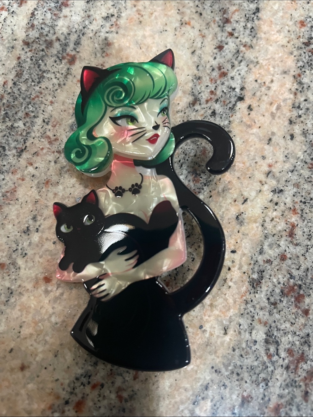 Cat Lady Brooch - Green & Black Vintage-Inspired Enamel Pin, Halloween